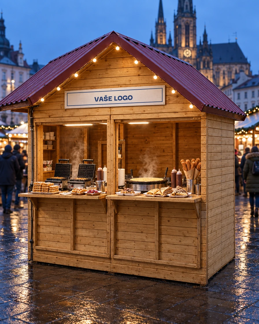 Dřevěný stánek s cedulí „VAŠE LOGO“ na zimním trhu